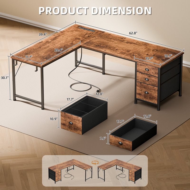 62.8 Inch L-Shaped Computer Desk with Power Outlets & Storage Drawers, Reversible Gaming Desk for Home Office, Rustic Brown