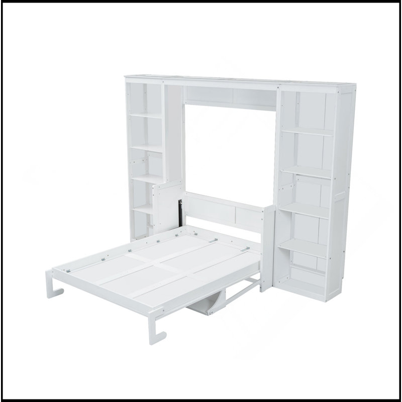 Lit escamotable double avec bureau et bibliothèque, blanc