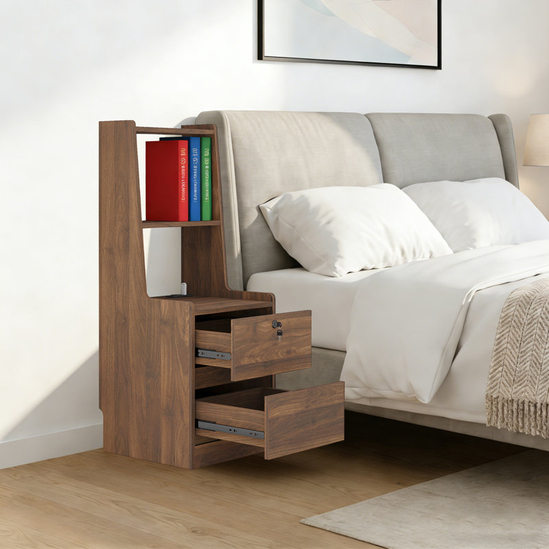 Table de chevet moderne avec tablettes et veilleuse USB intégrée, tiroir verrouillable et éclairage de nuit réglable, Bois