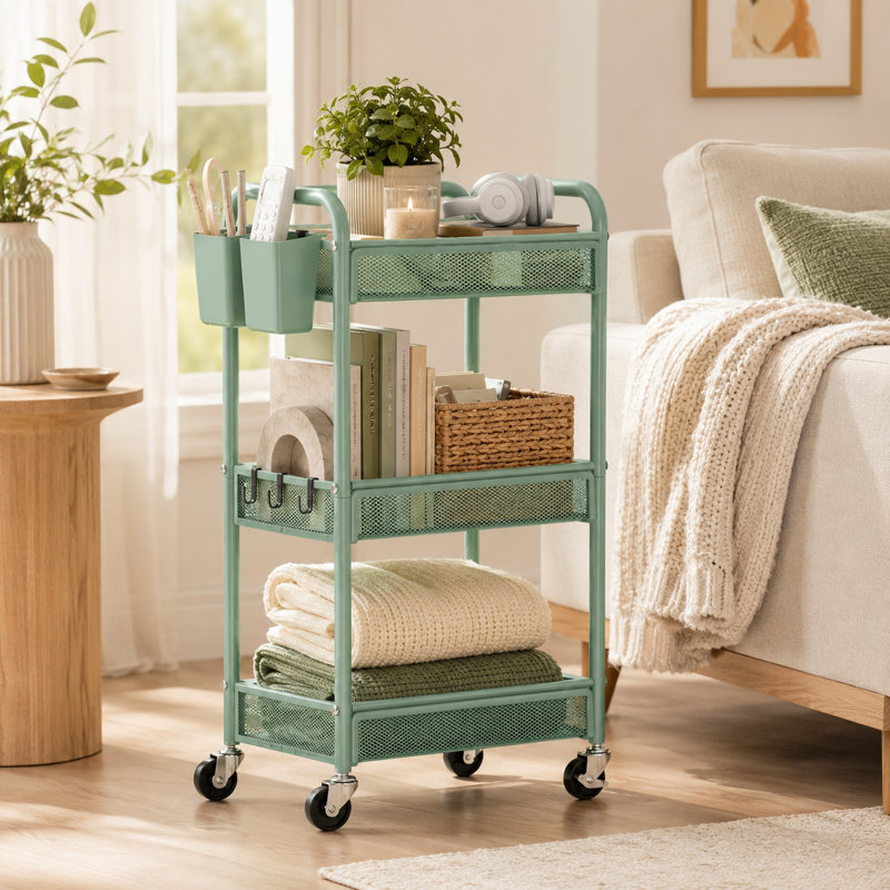 Chariot de rangement mobile vert en treillis métallique vert, cadre renforcé breveté, avec crochets pour ranger les outils de beauté de la maison.