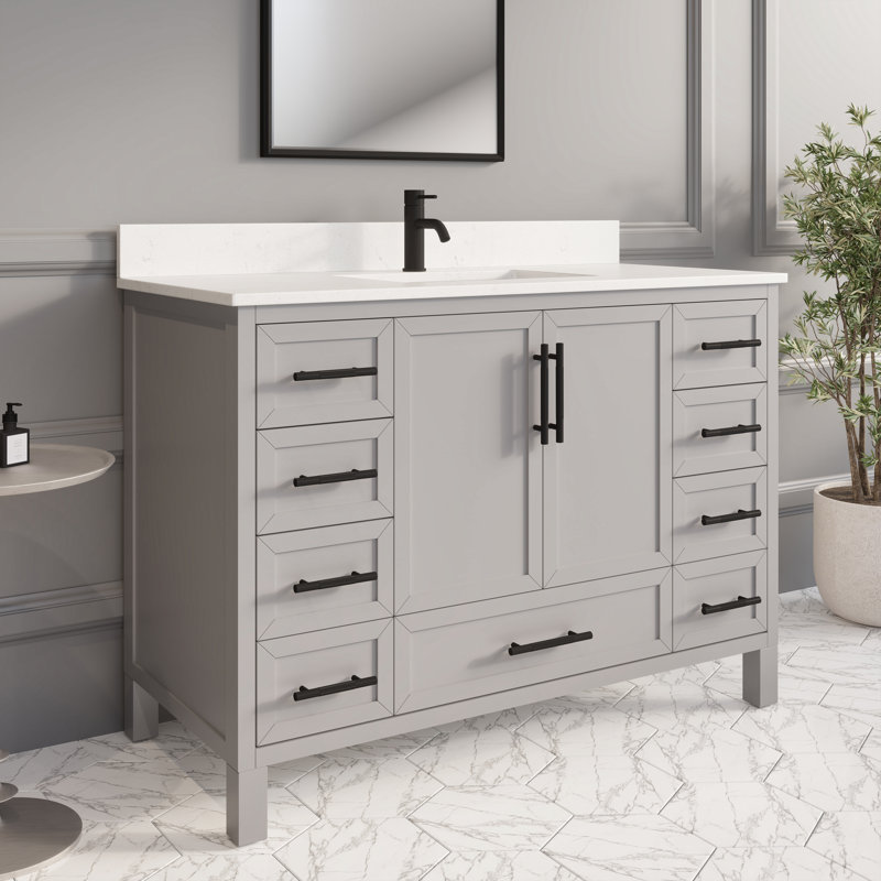 Meuble-lavabo simple en bois massif l 48 po x P 22 po Houston II avec rangement discret et plateau en pierre reconstituée Houston II
