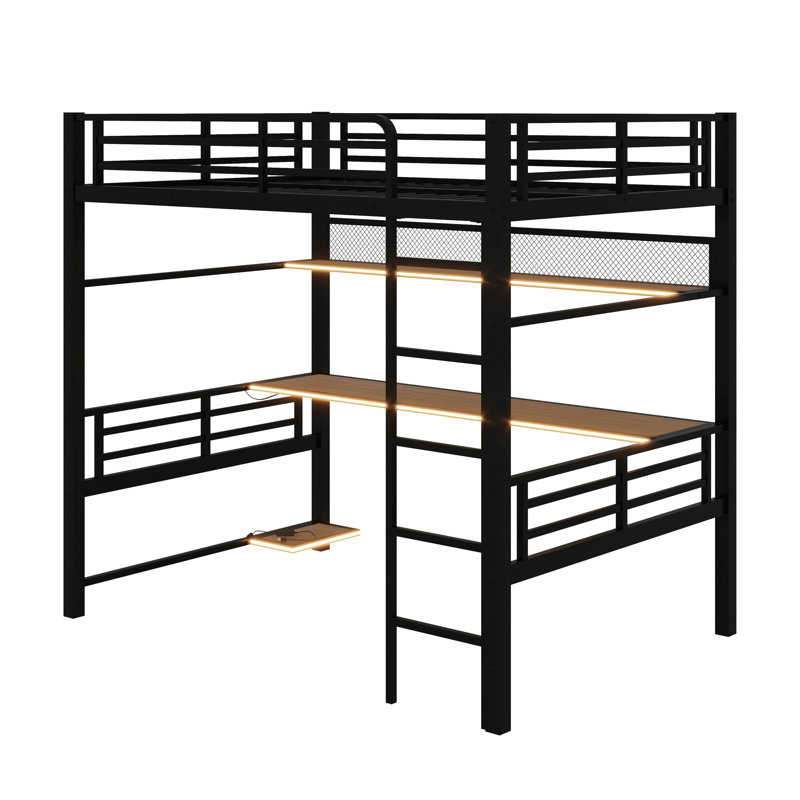 Lit mezzanine double en métal avec tablette de rangement et DEL