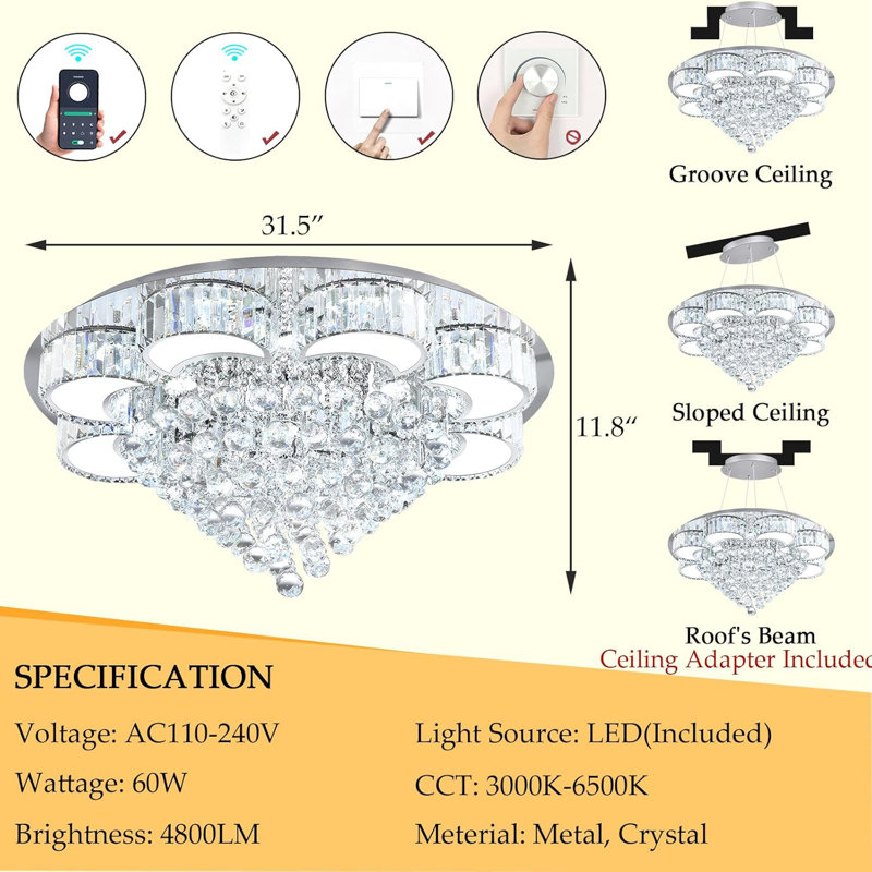 Glam Dimmable Crystal Chandelier, Silver