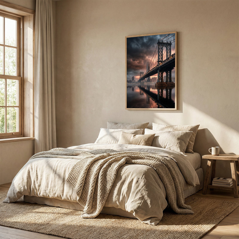 «Suspension Bridge Over Water with City Skyline», art mural, H 36 po x l 24 po