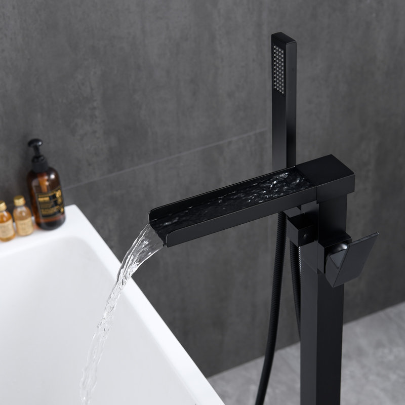 Waterfall Single Handle Floor Mount Freestanding Tub Faucet Bathtub Filler With Hand Shower, Matte Black