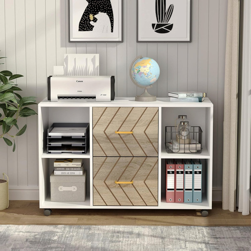 39.37-Inches Large Rolling Mobile File Cabinet With 2 Pull-Out Drawers Printer Stand & Storage Shelves For Letter Size Home Office Storage & Walnut Finish