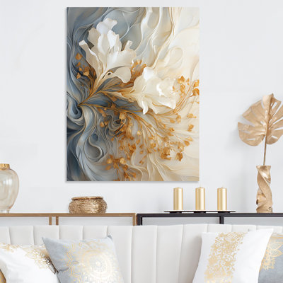 «White and Gold Champagne Flow V - Champagne», art mural en métal imprimé floral moderne