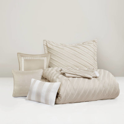 King 7 Pcs Beige Comforter - Diagonal Luxury, Shimmering Modern Bedding, For Durability, Dash Stitched , All Season Fill, Bed Skirt With 15 Inch Drop, Decorative Pillows