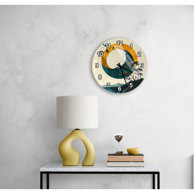 Horloge murale abstraite paysage en verre trempé, art de lune moderne bleu sarcelle, scène de montagne japonaise minimaliste - grande, unique montre silencieuse