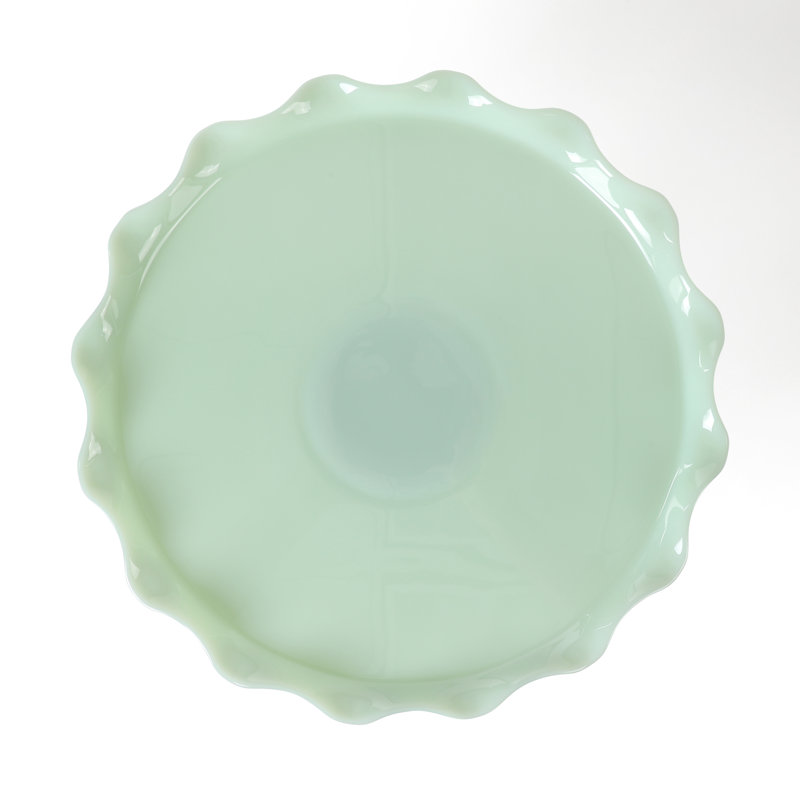 Handmade Jadeite Green Glass Pedestal Cake Stand with Scallop Trim