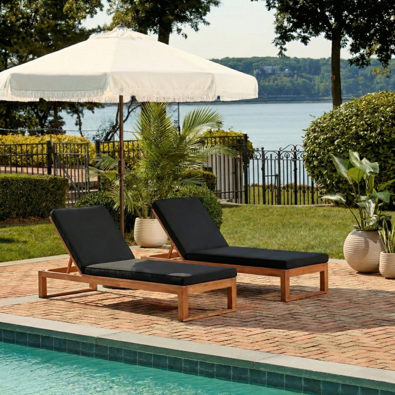 Faunce Outdoor Eucalyptus Wood Chaise Lounge , Cushion Included, Natural, Black