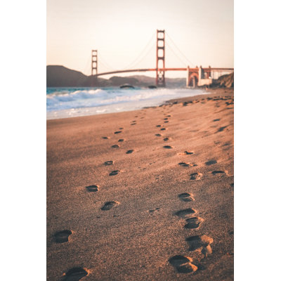 Golden Gate Bridge,Arch, Orange, Red, Suspension Bridge, Sky, San Francisco, Beach, Footprints In Sand - Wrapped Canvas Print