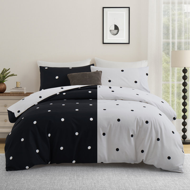 Haffa Microfiber Duvet Cover Set with Pillowcases, King Duvet Cover + 2 Standard Pillowcases, Black/White Doted