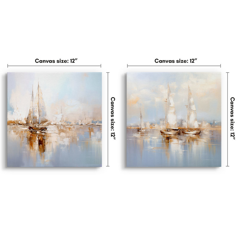 Art mural sur toile 12 x 12 avec voiliers blancs - ensemble de 2 - enveloppes de galerie - beige, bleu et gris - art mural côtier marin