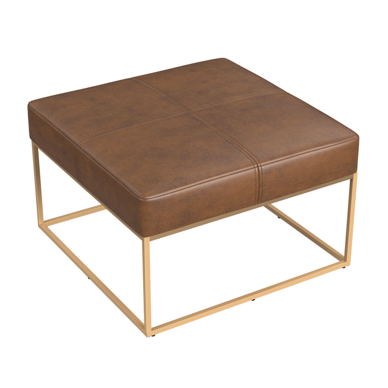 Homepop Large Square Metal Ottoman - Faux Leather, Gold, Metal Ottoman Brown Faux Leather