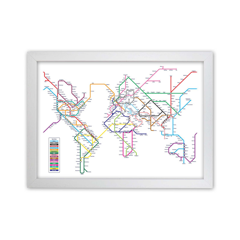 World Metro Map Underground by Michael Tompsett - Print, 25cm H x 34cm W x 3cm D, White Framed