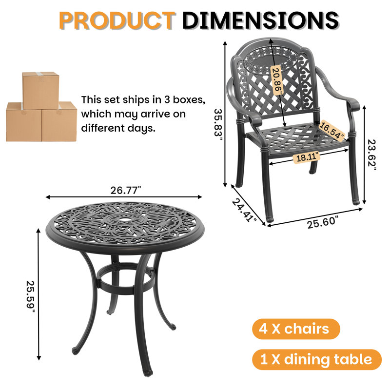 5-Piece Round Patio Dining Set, 1 Table & 4 Chairs with Red Cushions, Suitable for Porch Lawn Courtyard, 4