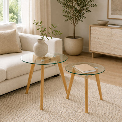 Ely Modern Glass Nesting Side Table Set with Solid Rubberwood Legs, Natural, Set of 2