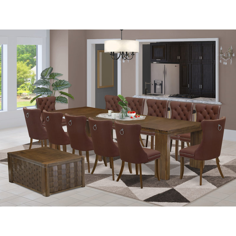 14 Pieces Extendable Dining Set Includes a Rectangle Table, 1 Coffee Table and 12 Burgundy Polyester fabric Dining Chairs, Antique Walnut