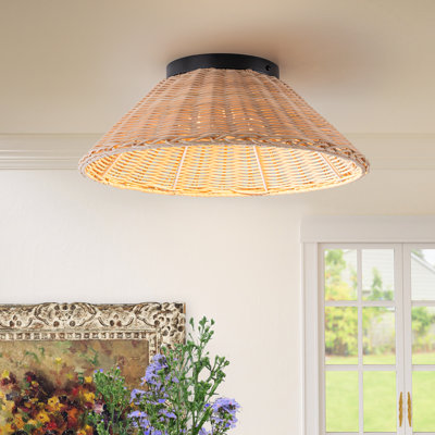1-Light Hand-Woven Rattan LED Flush Mount