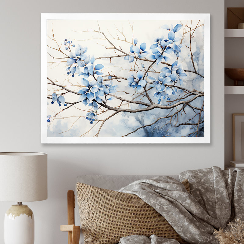 Art sur toile, feuilles bleues et grises, Cadre simple blanc, H 16 po x l 32 po x P 1 po