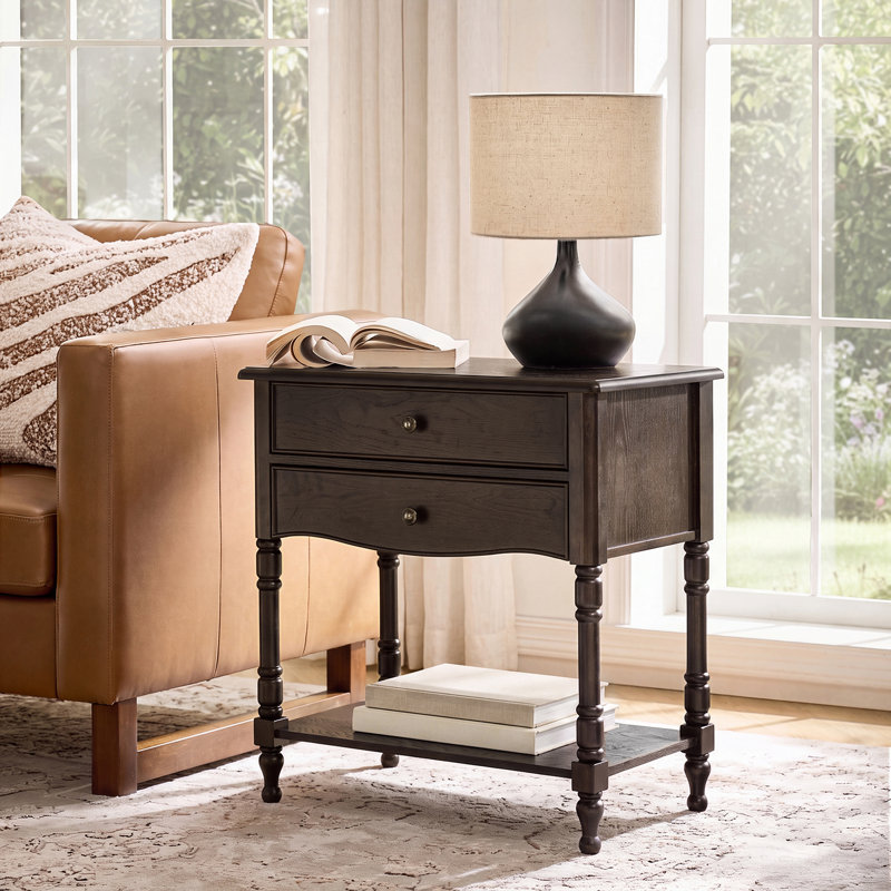 Lassiter 30''W Transitional Spindle Legs 2-Drawer End Table with Built-In Charging Station And Solid Wood