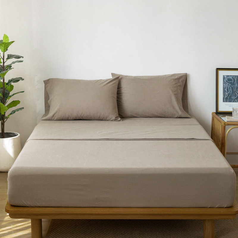 100% Washed Cotton Sheet Set Extra Deep Pocket Linen Like Textured, King Sheet Set with 2 Pillowcases, Mocha Brown