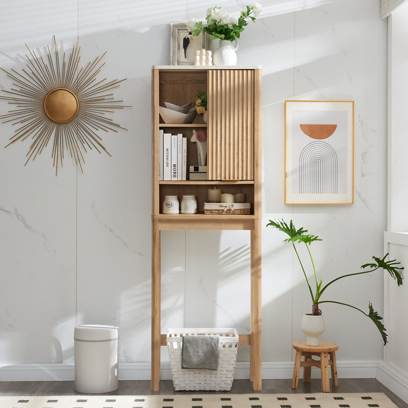 Armoire de rangement autoportante au-dessus de la toilette avec porte coulissante cannelée Riccio, Chêne