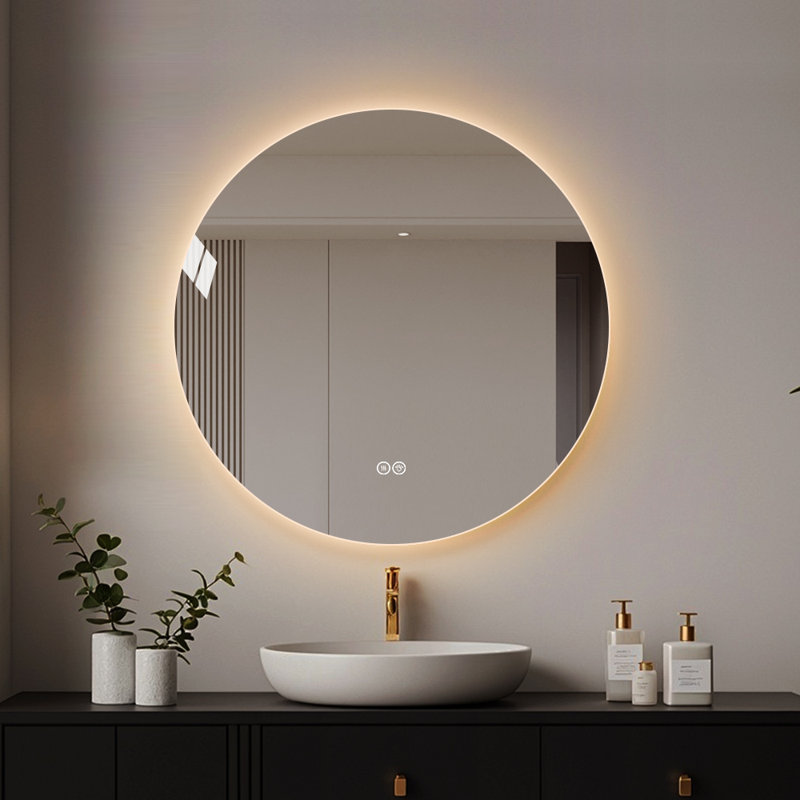 32" Round Frameless LED Bathroom Mirror, Dimmable Tri-Color Light, Anti-Fog, HD Shatterproof Glass