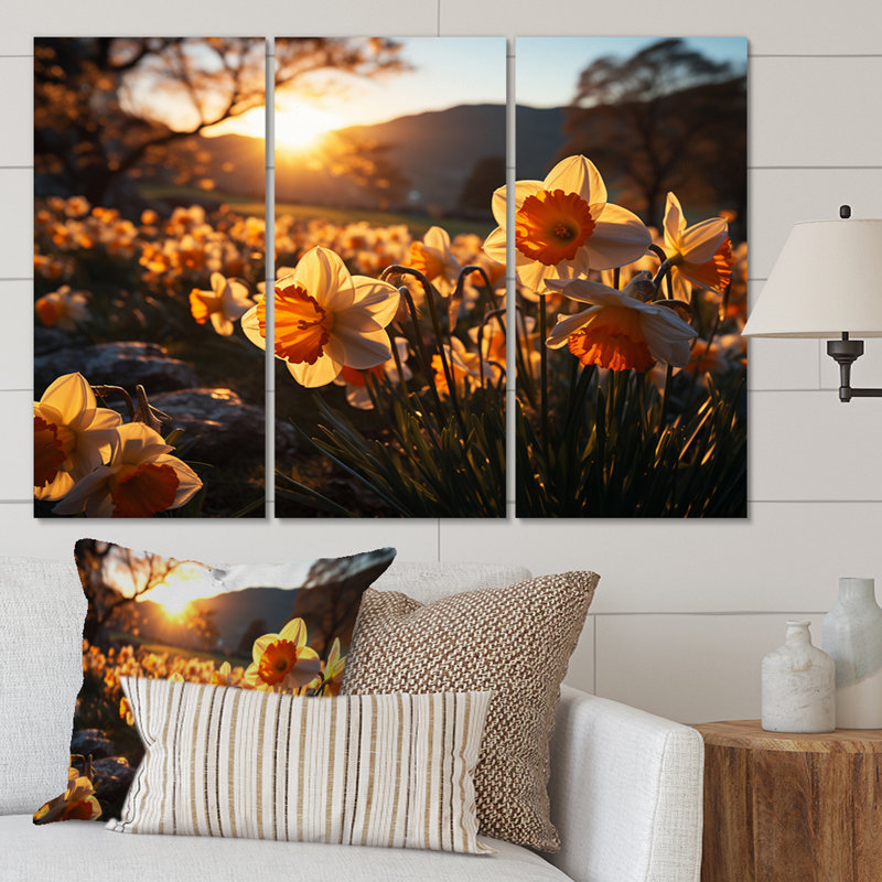 «Daffodils Field Sunrise III», reproduction sur toile 3 pièces, H 28 po x l 36 po x P 1 po