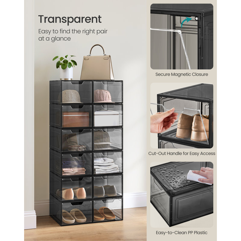 6 Pair Stackable Shoe Storage Box, Black
