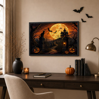 Haunted Mansion With Glowing Pumpkins And Black Halloween Canvas Wall Art