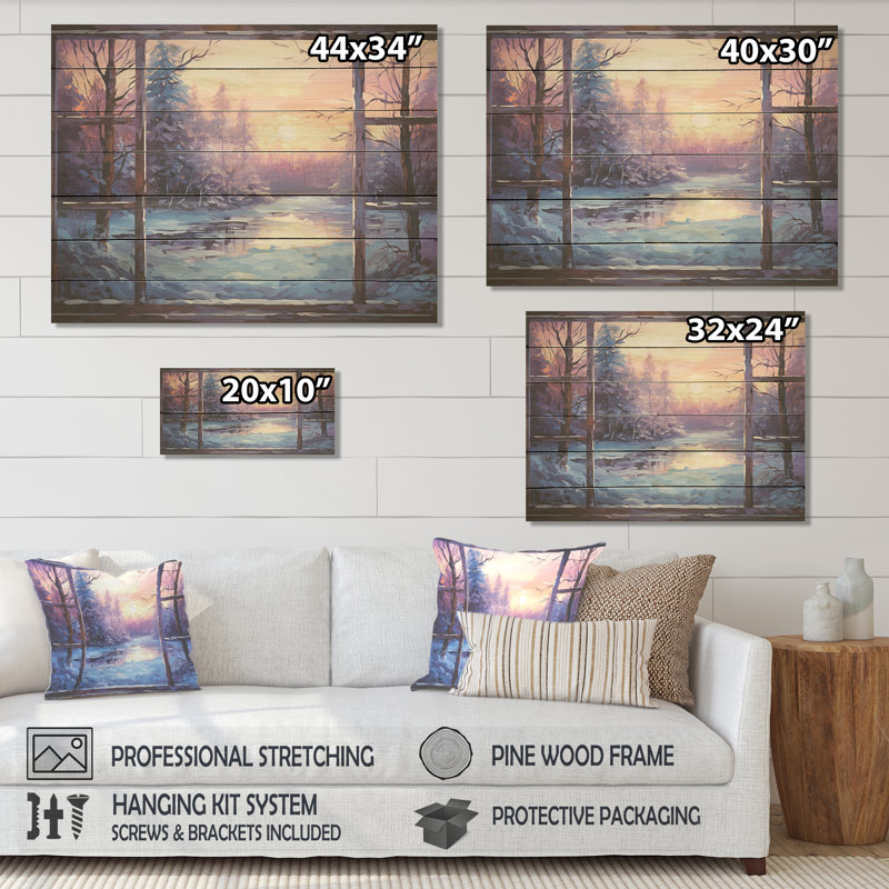 «Purple River Winter Windows II» - Paysage d'hiver sur bois, H 10 po x l 20 po x P 0,78 po