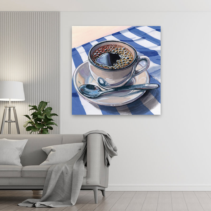 Café noir sur toile rayée, art contemporain, H 48 po x l 48 po