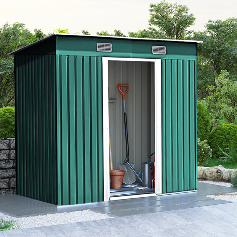 Dark Green Flat Roof Metal Tool Shed