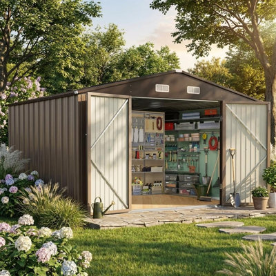 Remise de rangement en métal 8 x 6 pi avec fenêtre et lumière solaire à DEL, coffre à outils de jardin imperméable, porte verrouillable, toit ventilé pour patio