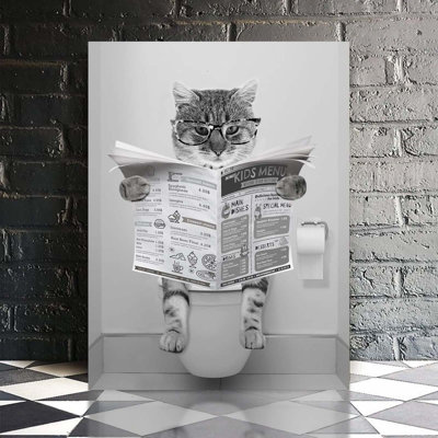 Funny Cat Canvas Wall Art Black And White Picture Prints Modern Bathroom Wall Decor Cat Sitting In Toilet Reading Newspaper Painting For Bathroom Toilet Washroom Animals Artwork Framed 12"X16"