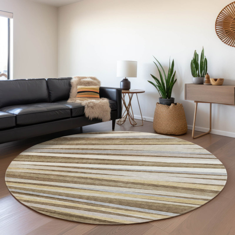 Premium Machine Washable Lyndhurst AMF997 Stripes Rug, Round 8'