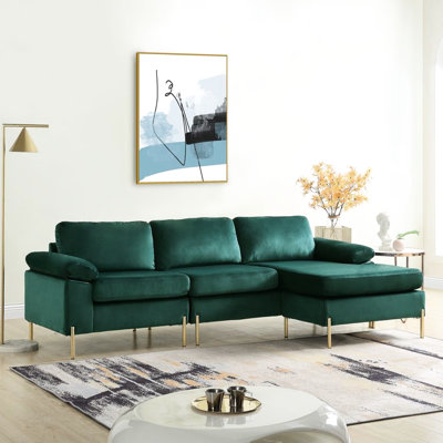 Velours à 3 places en forme de L au look Mid-Century, revêtement, base en bois massif et d'ingénierie, pieds en laiton doré, accoudoirs et coussins de dossier amovibles avec motif, structure mélangée, rembourrage en mousse métallique