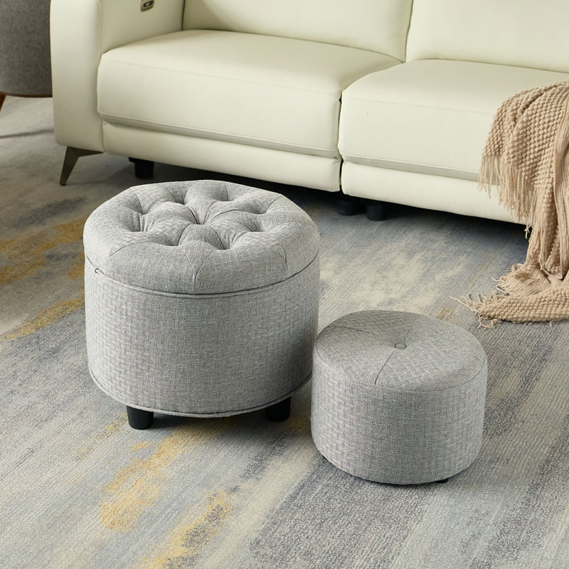 2 Piece Tufted Round Storage Footstool Ottoman Set, Grey