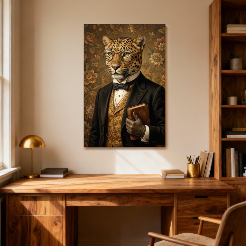 Animaux léopard en costume avec livre et lunettes, H 48 po x l 32 po