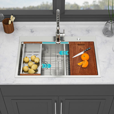 Évier de cuisine à encastrer en acier inoxydable T304 de calibre 16, double cuve 60/40, 91,4 cm x 55,9 cm x 25,4 cm, fini nickel brossé, système de drainage facile, bord R10, revêtement anticondensation, coussinet antibruit.
