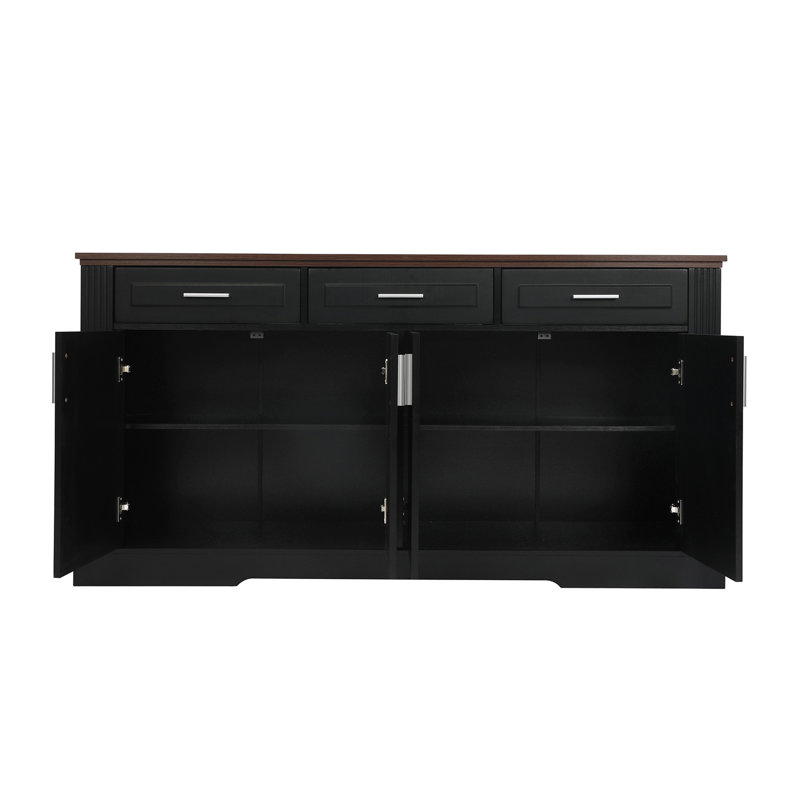 Buffet de style buffet cannelé de 63 po avec rangement, station de café moderne avec 4 portes et 3 tiroirs, console de rangement de cuisine en bois pour le salon, la salle à manger, noir