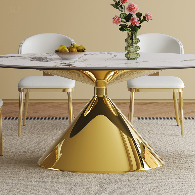 Ensemble de table de salle à manger moderne de luxe en marbre ovale pour 4 à 6 personnes avec base en acier inoxydable doré et chaises rembourrées, ensemble de table de salle à manger