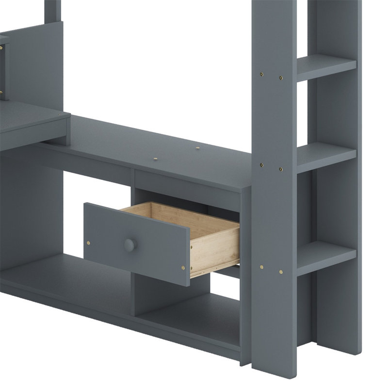 Lit mezzanine en bois avec bureau, tablettes de rangement, éclairage à DEL et station de charge intégrée, Double