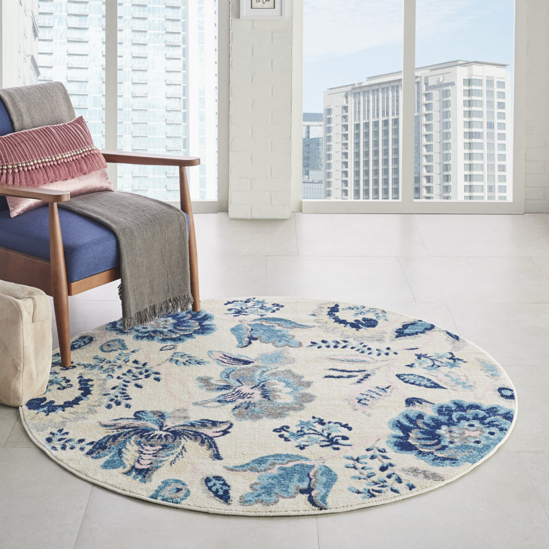 Tapis floral en polypropylène tissé à la machine ivoire / bleu, Rond 5 pi 3 po