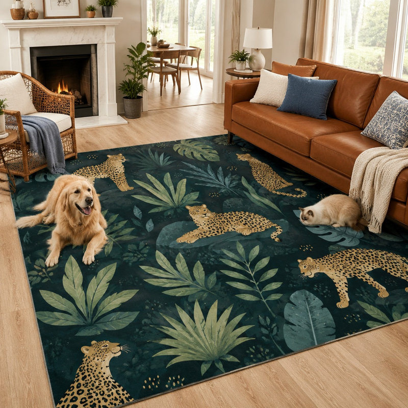 Tapis à motif de jungle léopard 1Pcs - grand, mince, lavable, facile à nettoyer, envers antidérapant, salon, chambre à coucher, cuisine, bureau