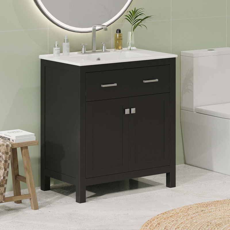 Meuble-lavabo de 30 po avec lavabo en céramique, armoire de salle de bain simple moderne avec 2 portes et une tablette, portes à fermeture douce