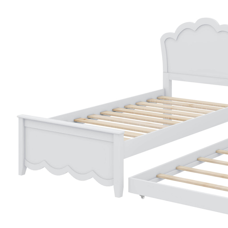 Un lit plateforme en bois avec une tête de lit et un lit gigogne assorti, Simple, Blanc