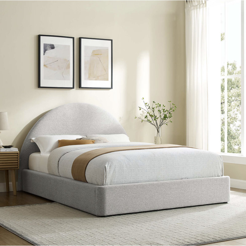 Grand lit plateforme tapissier Ardis, Tissage chiné gris clair, Grand